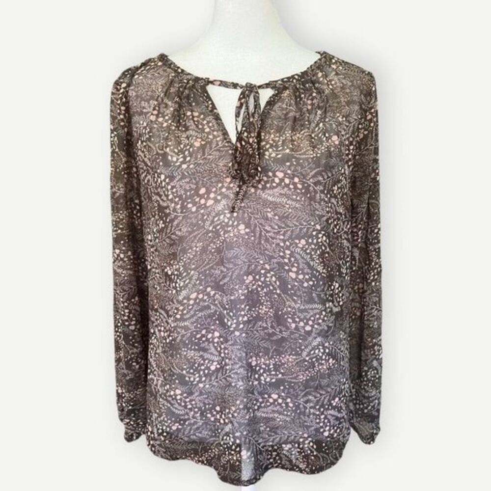 Ann Taylor LOFT Sheer Long Sleeve Brown & Pink Floral Airy Blouse Top. Small.